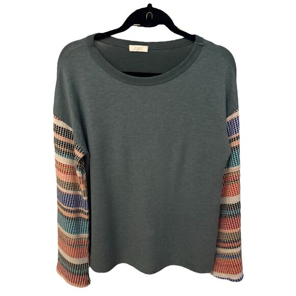 Oddy Boho Shirt Colorful Striped knit Flare Sleeves Army Green Womens Medium - Picture 2 of 4